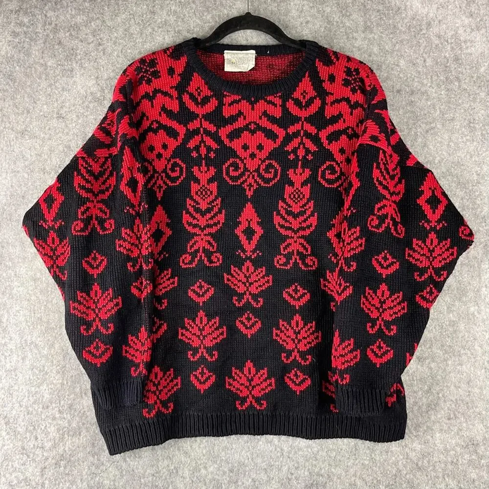 Vintage Yellow Rose Sweater Womens Medium Red Floral Knit Artsy Hong Kong 80s